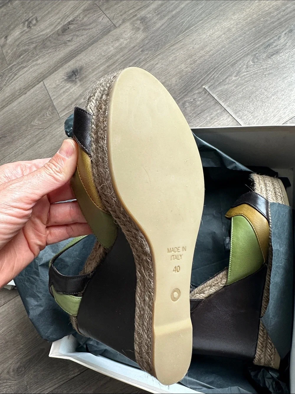 L'Autre Chose Green Multi-Color Leather Wedge Sandals